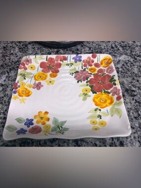 Floral Ceramic Serving Plate - White with Multicolor Flowers